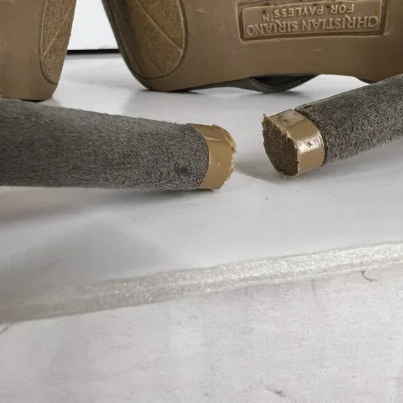 Christian Siriano Taupe / Green Faux Suede Open Toe High Heels Sz 8.5 - Picture 15 of 15